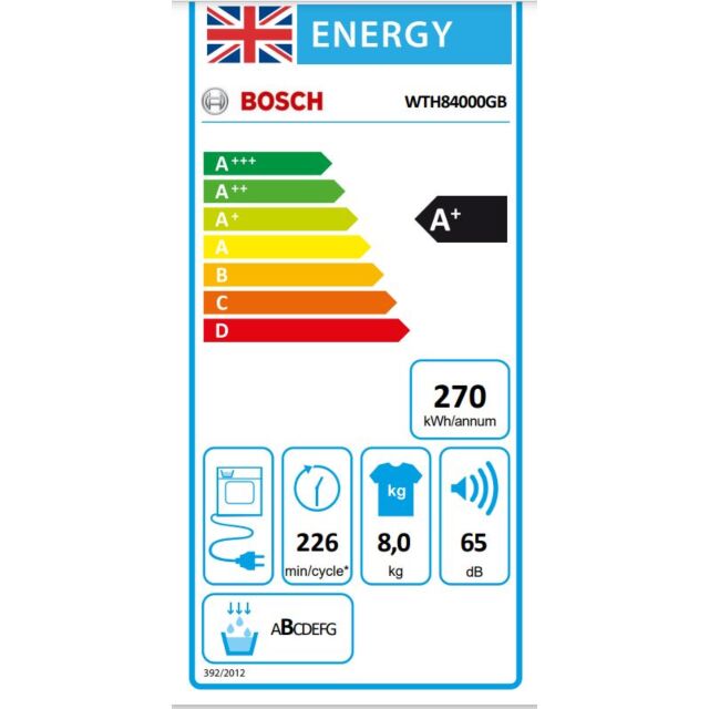 Bosch WTH84000GB 8kg Heat Pump Tumble Dryer - White - A+ Energy Rated