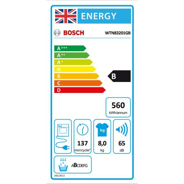 Bosch WTN83201GB 8kg Condenser Tumble Dryer - White - B Energy Rated