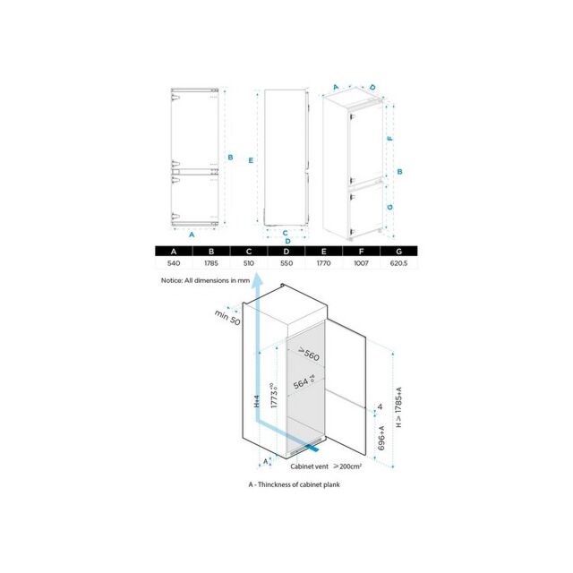 Midea MDRE379FGE01D 54cm 70/30 Built In Fridge Freezer