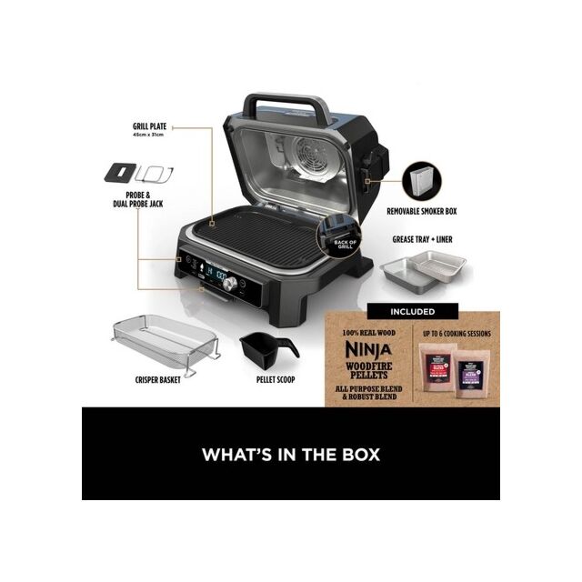 Ninja OG901UKCOVKIT Electric BBQ Grill + Smoker with Cover and Woodfire Pellets - Black/Blue