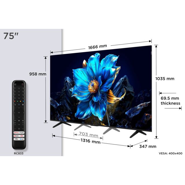 TCL 75P7K-UK 75inch 4K QLED Direct LED HDR Google TV