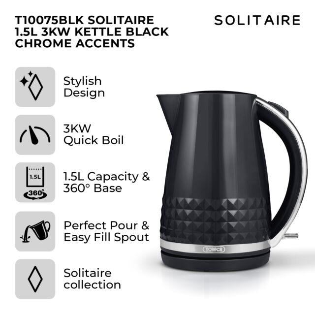 Tower T10075BLK 1.5 Litre Solitaire 3Kw Kettle