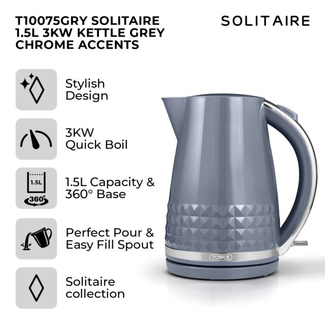 Tower T10075GRY 1.5 Litre Solitaire Kettle