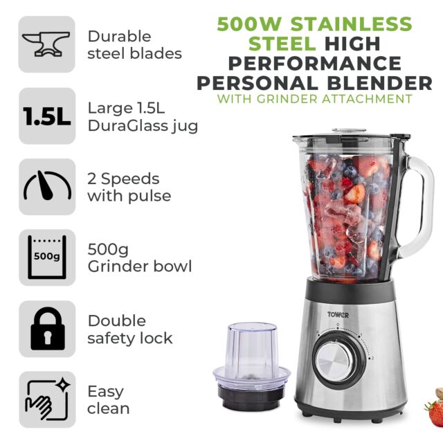 Tower T12073 50W Glass Jug 2 Speed Table Blender