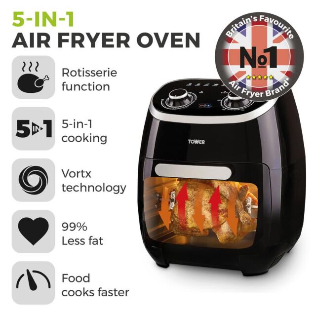 Tower T17038 Vortx Xpress 2000W 11L 5-In-1 Manual Air Fryer Oven With Rotisserie