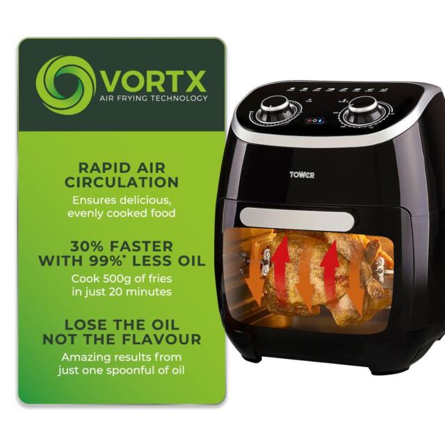 Tower T17038 Vortx Xpress 2000W 11L 5-In-1 Manual Air Fryer Oven With Rotisserie