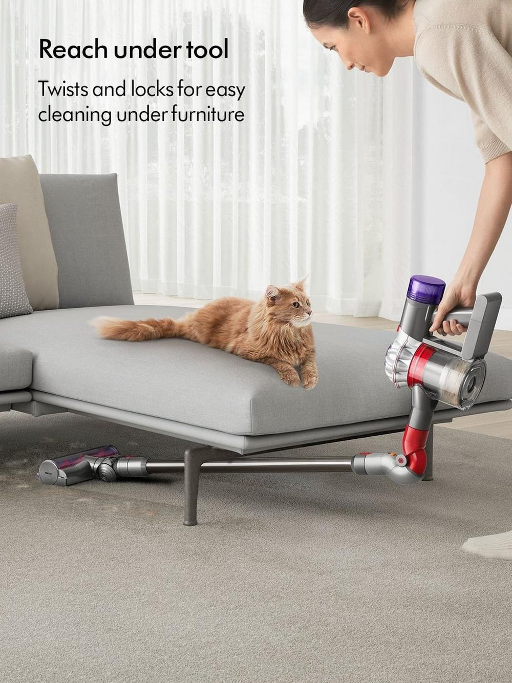 Reach under tool, which twists and and locks fr easy cleaning under furniture.