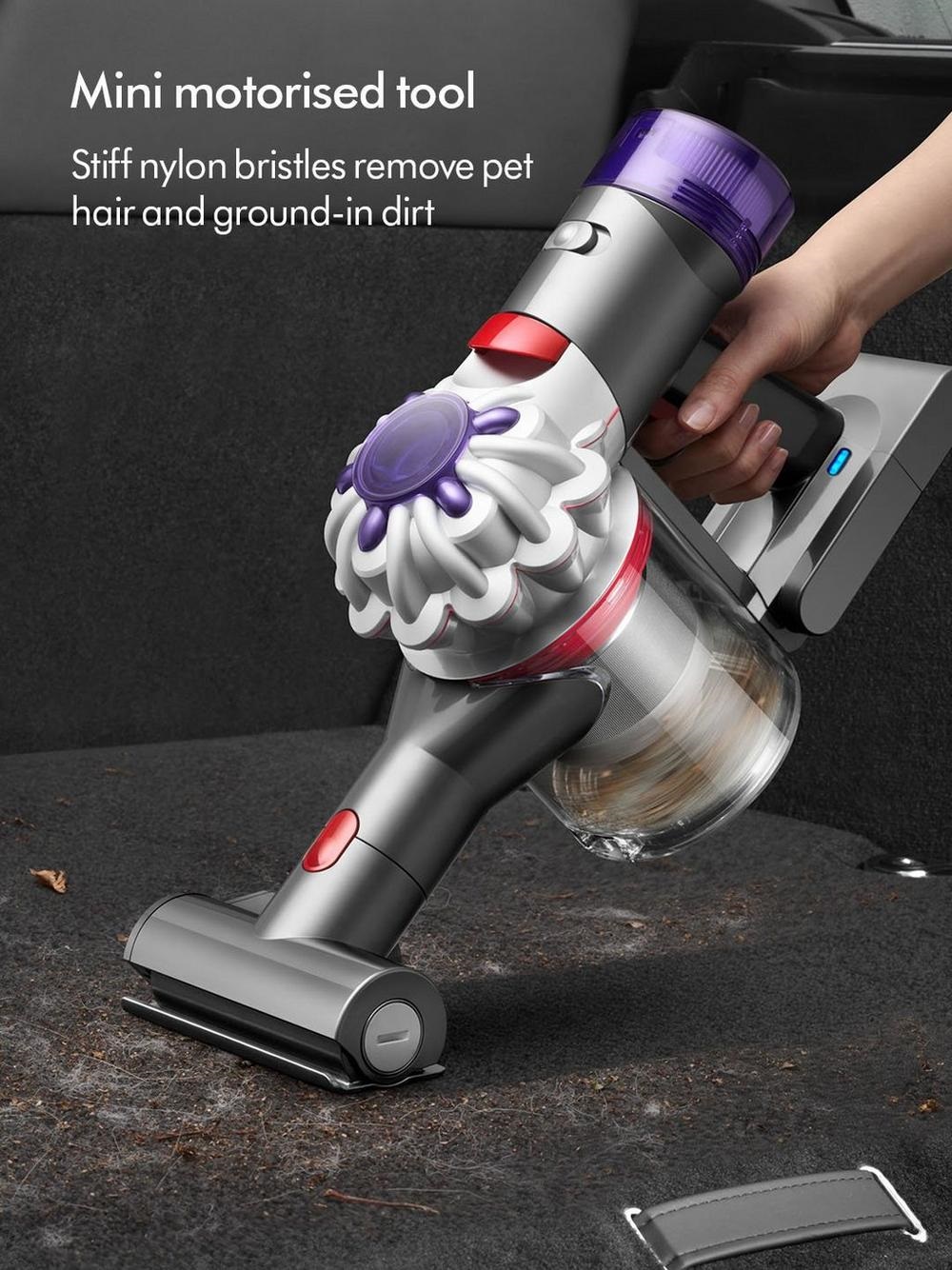 Mini motorised tool with stiff nylon bristles, which remove pet hair and ground-in dirt.