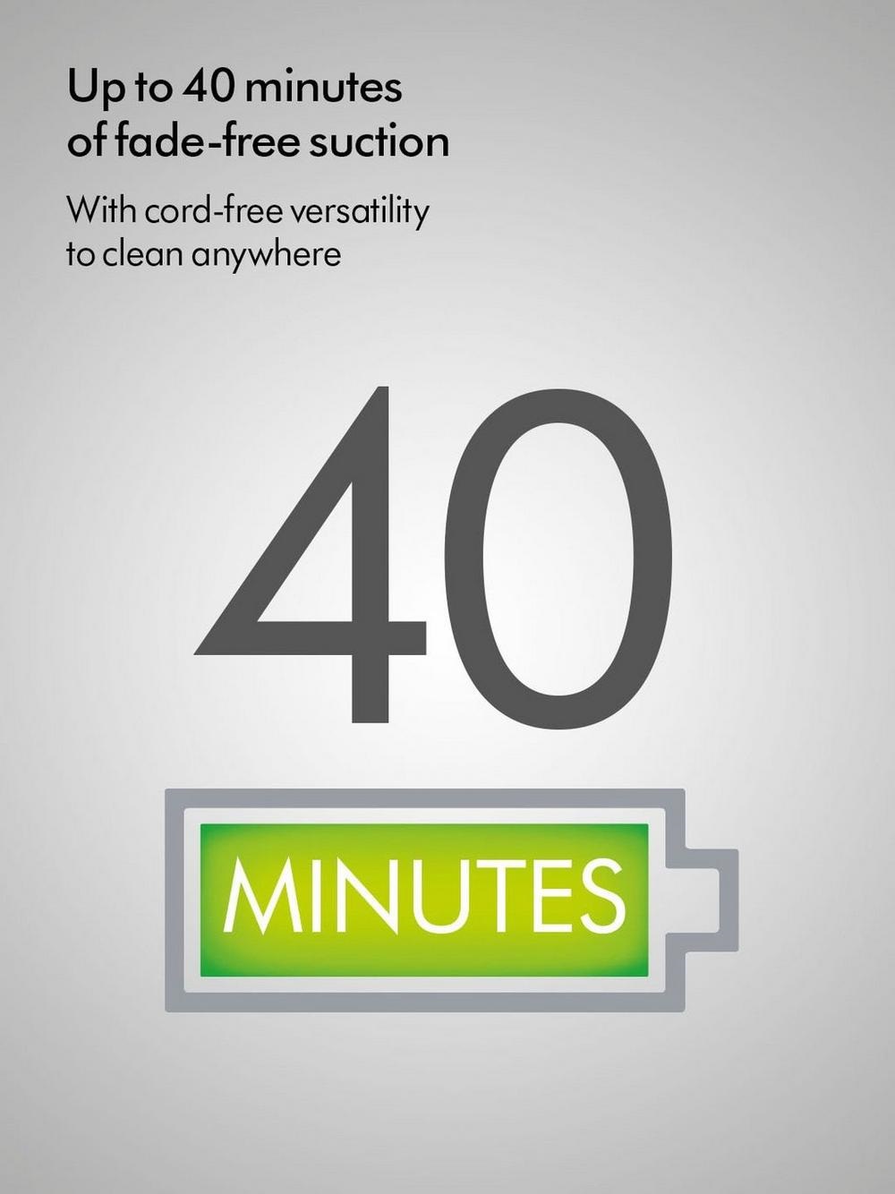 Up to 40 minutes of fade-free suction with cord-free versatility to clean anywhere.