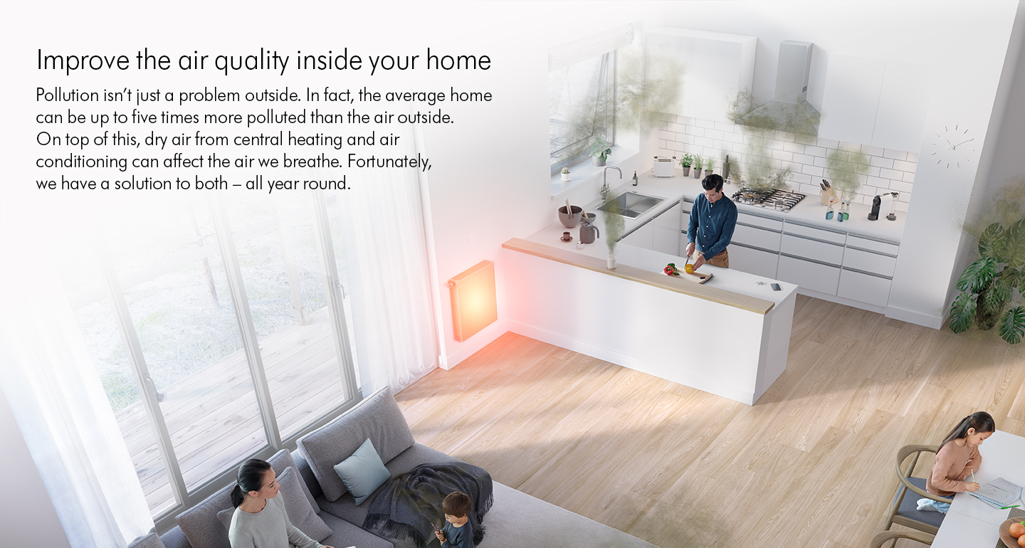 Dyson PH3A - Improve the air quality inside your home. Pollution isn't just a problem outside. In fact, the average home can be up to five times more polluted than the air outside. On top of this, dry air from cetral heating and air conditioning can affect the air we breathe. Fortunately, we have a solution to both - all year round.