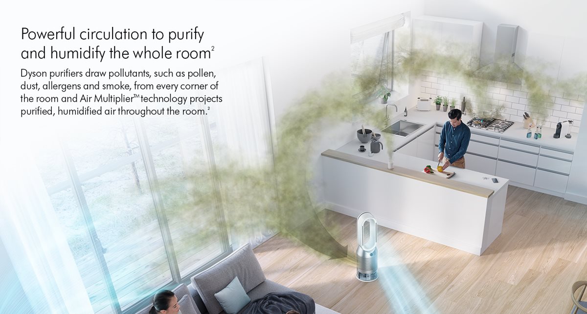 Dyson PH3A - Powerful circulation to purify and humidify the whole room. Dyson purifiers draw pollutants, such as pollen, dust, allergens and smoke, from every corner of the room and Air Multiplier+trade; technology projects purified, humidified air throughout the room